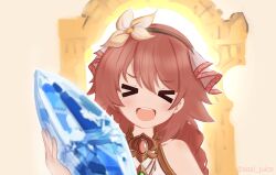 Rule 34 | &gt; &lt;, 1girl, blue archive, braid, crystal, fenie (granblue fantasy), flower ornament, granblue fantasy, hairband, highres, jewelry, kohara konomi, open mouth, red hair, seal juice, solo, voice actor connection