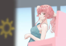Rule 34 | 1girl, :o, blurry, blurry background, blurry foreground, breasts, depth of field, green tank top, holding, holding own hair, idolmaster, idolmaster cinderella girls, jougasaki mika, looking at viewer, looking to the side, medium breasts, nape, pink hair, shikishiyou, sideways glance, solo, sweatdrop, tank top, upper body