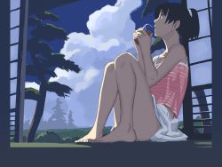 Rule 34 | 1girl, bare shoulders, barefoot, black hair, cup, drinking, drinking glass, looking up, muted color, ponytail, short hair, sitting, solo, takamichi, tree, window