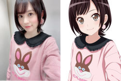 1girl :3 animification black_hair brown_eyes closed_mouth commentary earrings fries_vanquisher highres jewelry looking_at_viewer nakashima_yuki photo-referenced pink_sweater real_life reddit_username reference_inset short_hair side-by-side sweater voice_actor