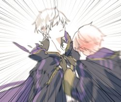 Rule 34 | 2boys, blush, brown gloves, covering privates, dual persona, emphasis lines, fire emblem, fire emblem awakening, fire emblem heroes, gloves, grima (fire emblem), male focus, multiple boys, nintendo, re12300120, robe, robin (fire emblem), robin (male) (fire emblem), simple background, upper body, white background, white hair