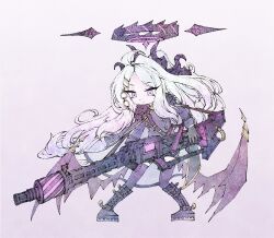Rule 34 | 1girl, absurdly long hair, blue archive, boots, coat, coat on shoulders, demon wings, expressionless, fur trim, hair ornament, halo, highres, hina (blue archive), holding, holding weapon, horns, jacket, long hair, purple eyes, seabearsnake, solo, thighhighs, very long hair, weapon, weapon request, white hair, wings