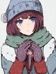 Rule 34 | 1girl, beanie, blue eyes, blue hat, blue jacket, gloves, green scarf, hat, highres, jacket, monogatari (series), purple gloves, purple hair, scarf, senjougahara hitagi, snow, snowing, solo, valhalla0707, white background, winter, winter clothes
