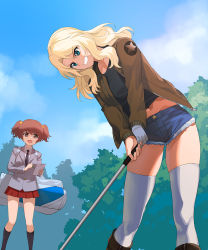 Rule 34 | :d, a1 (initial-g), alisa (girls und panzer), blonde hair, blue eyes, blue gloves, blue shorts, blue sky, boots, brown eyes, brown hair, brown jacket, clenched teeth, cloud, commentary request, day, denim, denim shorts, girls und panzer, gloves, hair between eyes, hair ornament, holding, holding paper, jacket, kay (girls und panzer), long sleeves, looking at another, medium hair, midriff, navel, open clothes, open jacket, open mouth, outdoors, paper, pleated skirt, red skirt, saunders military uniform, saunders school uniform, school uniform, short hair, shorts, single glove, skirt, sky, smile, socks, standing, star (symbol), star hair ornament, teeth, thighhighs, thighs, twintails, white legwear