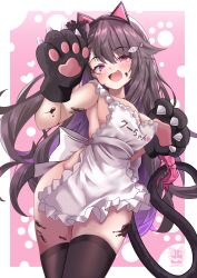 Rule 34 | :3, absurdres, animal ears, animal hands, apron, azur lane, black hair, black thighhighs, breasts, cat ears, cat tail, chocolate, chocolate on body, fake animal ears, fake tail, fang, food on body, gloves, highres, long hair, looking at viewer, naked apron, pamiat merkuria (azur lane), paw gloves, paw print, paw print background, seabread, skin fang, smile, smug, swept bangs, tail, thighhighs