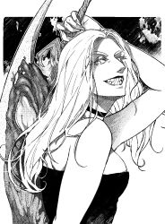Rule 34 | 1girl, bare shoulders, choker, devil may cry, devil may cry (series), devil may cry 4, greyscale, hatching, holding, holding sword, holding weapon, looking back, m4hlm4, medium hair, monochrome, nail, sharp teeth, signature, smile, solo, sword, teeth, trish (devil may cry), upper body, weapon