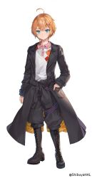 Rule 34 | 1boy, aged down, ahoge, black coat, black footwear, blue eyes, boots, character name, clothes around waist, coat, collared shirt, commentary request, cross-laced clothes, full body, hair ornament, hand in pocket, highres, indie virtual youtuber, knee boots, light blush, male focus, momoko (momopoco), neo-porte, open clothes, open coat, orange hair, shibuya hal, shirt, short hair, simple background, solo, standing, twitter username, virtual youtuber, white background, white shirt, wing collar, x hair ornament
