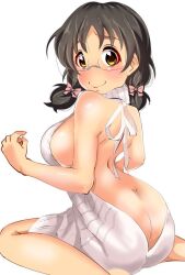 Rule 34 | 1girl, asano fuka, ass, back, backless dress, backless outfit, bare back, bare shoulders, black hair, blush, bow, breasts, brown eyes, butt crack, dot nose, dress, from behind, glasses, gorohati, hair bow, hair ribbon, halterneck, hand up, idolmaster, idolmaster cinderella girls, idolmaster cinderella girls starlight stage, large breasts, looking at viewer, low twintails, meme attire, naked sweater, pink ribbon, ribbed sweater, ribbon, short hair, shy, sideboob, simple background, sitting, sleeveless, sleeveless sweater, sleeveless turtleneck, smile, solo, sweater, sweater dress, turtleneck, turtleneck sweater, twintails, virgin killer sweater, wariza, wavy mouth, white background, white sweater