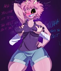 Rule 34 | 1boy, 1girl, absurdres, arm above head, arm up, armpits, ashido mina, black sclera, blush, boku no hero academia, grabbing another&#039;s breast, breasts, clothes, colored sclera, colored skin, english text, grabbing, gradient background, highres, horns, looking at viewer, medium breasts, medium hair, nipples, one eye closed, open mouth, pink hair, pink skin, pov, pov hands, smile, tayuri