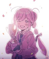 Rule 34 | 1girl, ;d, ahoge, anyoji hime, backlighting, black ribbon, blunt bangs, blush, collared shirt, commentary, confetti, dghd, dress shirt, gradient hair, grin, hair ribbon, holding, holding trophy, hood, hooded jacket, jacket, link! like! love live!, long hair, long sleeves, looking at viewer, love live!, multi-tied hair, multicolored hair, necktie, one eye closed, open clothes, open jacket, open mouth, pink hair, pink jacket, ponytail, ribbon, school uniform, shirt, sidelocks, simple background, smile, solo, swept bangs, symbol-only commentary, trophy, upper body, virtual youtuber, white background, white shirt