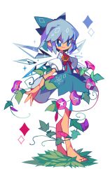 Rule 34 | 1girl, amakusa, amakusa (hidorozoa), barefoot, blue bow, blue dress, blue eyes, blue hair, bow, cirno, dress, flower, from side, grass, hair bow, hidden star in four seasons, highres, ice, ice wings, neck ribbon, plant, puffy short sleeves, puffy sleeves, red ribbon, ribbon, short hair, short sleeves, simple background, solo, sparkle, standing, sunflower, tan, tanned cirno, touhou, vines, white background, wings