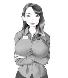 Rule 34 | 1girl, at&amp;t, breasts, commentary, crossed arms, greyscale, highres, large breasts, lipstick, looking at viewer, makeup, monochrome, namespace, real life, simple background, smile, smug, solo, white background