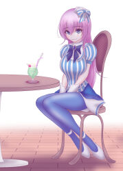 Rule 34 | 1girl, blue bow, blue brooch, blue dress, blue eyes, blue pantyhose, bow, chair, cherry, dress, drinking straw, food, fraulein (module), fruit, full body, gloves, highres, ice cream, megurine luka, melon soda, pantyhose, pink hair, project diva (series), puffy short sleeves, puffy sleeves, ryokushiryoku, short sleeves, sitting, smile, solo, striped bow, striped clothes, striped dress, table, vertical-striped bow, vertical-striped clothes, vertical-striped dress, vocaloid, white footwear, white gloves