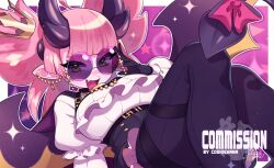 Rule 34 | 1girl, black pants, blunt bangs, blush, breasts, commission, cookie hana, demon girl, demon horns, demon tail, demon wings, fang, green eyes, horns, large breasts, long hair, looking at viewer, open mouth, original, pants, pink hair, pointy ears, rimless eyewear, round eyewear, smile, solo, sunglasses, tail, thick eyebrows, wings