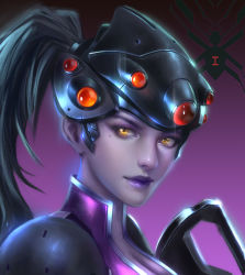 Rule 34 | 1girl, armor, black hair, bodysuit, breasts, cleavage, closed mouth, colored skin, eyelashes, eyeshadow, gun, hair ornament, hair tie, head-mounted display, highres, lips, lipstick, makeup, mascara, mole, mole under mouth, nose, overwatch, overwatch 1, pauldrons, ponytail, purple background, purple bodysuit, purple hair, purple lips, purple skin, realistic, rifle, shoulder armor, shoulder pads, smile, sniper rifle, solo, turtleneck, upper body, visor, weapon, widowmaker (overwatch), yellow eyes, zhen guodong