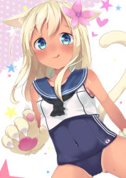Rule 34 | 10s, 1girl, animal ears, blonde hair, blue eyes, cat ears, cat tail, crop top, flower, hair flower, hair ornament, heart, heart-shaped pupils, kantai collection, komainu akira, one-piece tan, ro-500 (kancolle), sailor collar, school swimsuit, solo, swimsuit, swimsuit under clothes, symbol-shaped pupils, tail, tan, tanline
