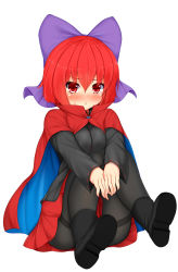 Rule 34 | 1girl, black footwear, black pantyhose, black shirt, blouse, blush, bow, breasts, cape, commentary request, daichi (tokoya), full body, hair bow, highres, long sleeves, looking at viewer, medium breasts, miniskirt, pantyhose, pleated skirt, purple bow, red eyes, red hair, red skirt, sekibanki, shirt, shoe soles, simple background, skirt, solo, sweatdrop, thighband pantyhose, touhou, white background