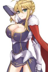 Rule 34 | 1girl, artoria pendragon (fate), artoria pendragon (lancer) (fate), bare shoulders, blonde hair, blue gloves, blue leotard, blue thighhighs, blush, braid, breasts, cape, cleavage, cleavage cutout, clothing cutout, crown, elbow gloves, elfenlied22, fate/grand order, fate (series), french braid, gauntlets, gloves, green eyes, hair between eyes, heattech leotard, highleg, highleg leotard, highres, large breasts, leotard, long hair, looking at viewer, red cape, sidelocks, smile, thighhighs, thighs, turtleneck