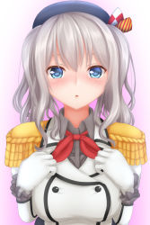 Rule 34 | 10s, 1girl, :o, beret, blue eyes, blush, breasts, buttons, embarrassed, epaulettes, frilled sleeves, frills, gloves, hat, kantai collection, kashima (kancolle), large breasts, looking at viewer, military, military uniform, silver hair, solo, tapisuke, uniform, white gloves