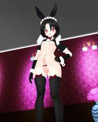 Rule 34 | 1boy, 3d, :o, absurdres, black gloves, black hair, black legwear, bow, center frills, erection, frills, glasses, gloves, highres, indoors, lace, lace gloves, looking at viewer, maid, maid cleve, maid headdress, meme attire, penis, rabbit ears, red bow, red eyes, reverse bunnysuit, reverse outfit, short hair, trap, vampire, virtual youtuber, wrist cuffs