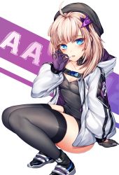 Rule 34 | 1girl, aa-12 (girls&#039; frontline), absurdres, ahoge, arm support, bad id, bad twitter id, baggy clothes, bags under eyes, black hat, black shorts, black thighhighs, blue eyes, blush, boots, breasts, buckle, candy, character name, choker, cleavage, collarbone, food, full body, girls&#039; frontline, gloves, hair ornament, hat, highres, holding, holding food, lollipop, long hair, long sleeves, looking at viewer, medium breasts, shorts, sidelocks, silver hair, simple background, sitting, skindentation, snap-fit buckle, solo, star (symbol), star hair ornament, strap, tank top, thighhighs, thighs, tongue, tongue out, white background, zerocat