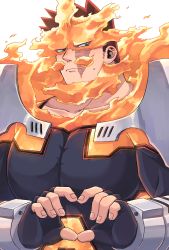 Rule 34 | 1boy, armor, beard, blue bodysuit, blue eyes, bodysuit, boku no hero academia, closed mouth, collarbone, commentary request, endeavor (boku no hero academia), facial hair, facing viewer, fingerless gloves, fingernails, fire, furrowed brow, gloves, heart, heart hands, large pectorals, looking away, looking to the side, male focus, miso (mimimiso), muscular, muscular male, pauldrons, pectorals, red hair, scar, scar across eye, scar on face, short hair, shoulder armor, sideburns, simple background, solo, spiked hair, sweatdrop, upper body, vambraces, white background