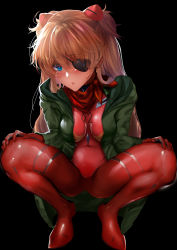 Rule 34 | 1girl, absurdres, ass, blue eyes, bodysuit, breasts, brown hair, evangelion: 3.0+1.0 thrice upon a time, eyepatch, green jacket, hair ornament, highres, jacket, legs apart, lips, long hair, looking at viewer, neon genesis evangelion, nohito, plugsuit, rebuild of evangelion, red bodysuit, skin tight, solo, souryuu asuka langley, squatting, standing, sweat, two side up