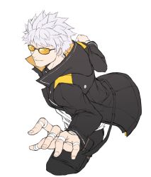 Rule 34 | 1boy, bad id, bad pixiv id, bandaged fingers, bandages, black jacket, black pants, cleanerjay, clenched hand, closers, commentary, cowboy shot, highres, j (closers), jacket, male focus, pants, parted lips, shirt, simple background, solo, spiked hair, sunglasses, v-shaped eyebrows, white background, white hair, white shirt