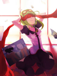Rule 34 | 1girl, akimiya, covering privates, covering face, covering own eyes, dress, eyewear on head, green hair, gumi, photo (object), piano (agneschen), scarf, short hair with long locks, solo, uso to diamond (vocaloid), vocaloid, watermark, web address, window