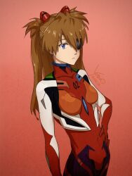 Rule 34 | 1girl, 2022, artist request, blue eyes, bodysuit, breasts, brown hair, covered navel, evangelion: 3.0 you can (not) redo, expressionless, eyepatch, hand on own hip, headgear, highres, interface headset, long hair, looking at viewer, medium breasts, neon genesis evangelion, pilot suit, plugsuit, rebuild of evangelion, red background, red bodysuit, shiny clothes, simple background, solo, souryuu asuka langley, twintails, two side up, very long hair