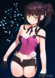 Rule 34 | 1girl, arms at sides, asymmetrical clothes, bare shoulders, black background, black gloves, black hair, black ribbon, breasts, cleavage, closed mouth, cowboy shot, cross-laced clothes, cross-laced shorts, gloves, half gloves, highleg, highleg panties, light blush, long hair, looking at viewer, midriff, mitake eil, navel, neck ribbon, o-ring, o-ring top, original, panties, panty straps, purple tube top, ribbon, short shorts, shorts, side ponytail, sidelocks, signature, single strap, small breasts, solo, strapless, thigh gap, tube top, underwear, yellow eyes