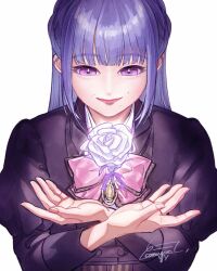 Rule 34 | 1girl, artist name, assault lily, black jacket, bow, bowtie, braid, closed mouth, commentary, crossed wrists, fingernails, floating, floating object, flower, fukuyama jeanne sachie, half updo, hands up, highres, jacket, jewelry, juliet sleeves, komuzuka, long hair, long sleeves, looking at flowers, looking down, ludvico private girls&#039; academy school uniform, mole, mole above mouth, mole under eye, open hands, pendant, pink bow, pink bowtie, pink eyes, puffy sleeves, purple hair, rose, school uniform, sidelocks, signature, simple background, smile, solo, upper body, white background, white flower, white rose