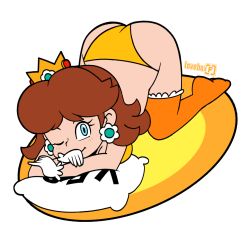Rule 34 | 1girl, artist logo, artist name, ass, bare arms, bikini, blue eyes, bra, breasts, brown hair, cleavage, closed mouth, crossed arms, crown, earrings, eyelashes, flipped hair, flower earrings, full body, gloves, highres, jewelry, looking at viewer, loveboxf, mario (series), medium hair, nintendo, on pillow, one eye closed, orange bra, orange panties, orange thighhighs, panties, pillow, princess daisy, simple background, smile, solo, super mario land, swimsuit, thighhighs, top-down bottom-up, underwear, white background, white gloves, yes, yes-no pillow