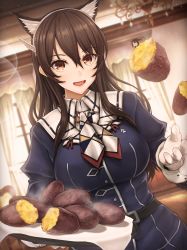 Rule 34 | 1girl, absurdres, animal ear fluff, animal ears, ascot, ashigara (kancolle), belt, breasts, brown eyes, brown hair, cat ears, collared shirt, curtains, elbow gloves, fairy (kancolle), fake horns, fangs, ffkw, food, gloves, hair between eyes, hairband, highres, holding, holding food, horned headwear, horns, indoors, jacket, kantai collection, long hair, medium breasts, nachi (kancolle), plate, purple jacket, sailor collar, shirt, skirt, smile, solo, sweet potato, uniform, wavy hair, white gloves, white shirt