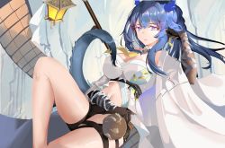 Rule 34 | 1girl, absurdres, arknights, bare legs, black shorts, blue eyes, blue hair, breasts, bustier, cleavage, commentary request, hair between eyes, hand up, highres, knee up, lantern, large breasts, ling (arknights), long hair, looking at viewer, navel, open clothes, partial commentary, shirt, short shorts, shorts, solo, stomach, strapless, strapless shirt, tadie (innovation1998), tail, thighs, white shirt