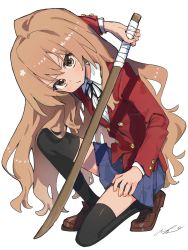 Rule 34 | 1girl, absurdres, aisaka taiga, arm behind head, black ribbon, black thighhighs, blazer, blouse, blue skirt, bokken, brown eyes, brown footwear, brown hair, buttons, collared shirt, double-breasted, highres, jacket, light blush, long hair, long sleeves, neck ribbon, oohashi high school uniform, pleated skirt, pomu (joynet), red jacket, ribbon, school uniform, shirt, shoes, signature, simple background, skirt, solo, sword, thighhighs, toradora!, v-shaped eyebrows, very long hair, weapon, white background, white shirt, wooden sword