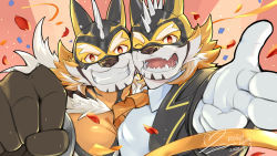 Rule 34 | 2boys, alternate costume, animal ears, bara, beige fur, black suit, bodysuit, facial hair, fangs, foreshortening, forked eyebrows, formal, furry, furry male, goatee, heads together, highres, large pectorals, live a hero, looking at viewer, male focus, mask, multiple boys, muscular, muscular male, one eye closed, orange bodysuit, orange eyes, orange fur, pectoral docking, pectoral press, pectorals, petals, pointing, pointing at viewer, relax lion, ryekie (live a hero), saliva, saliva trail, smile, spikes, suit, thick eyebrows, tiger boy, tiger ears, two-tone fur