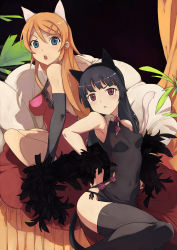Rule 34 | &gt;:&lt;, 2girls, :&lt;, :o, animal ears, armpits, bare shoulders, black hair, black thighhighs, blue eyes, breasts, caee penguin, cat ears, cat tail, china dress, chinese clothes, closed mouth, dress, elbow gloves, feather boa, gloves, gokou ruri, highres, impossible clothes, impossible dress, kousaka kirino, long hair, medium breasts, mole, mole under eye, multiple girls, open mouth, orange hair, ore no imouto ga konna ni kawaii wake ga nai, panties, raised eyebrow, red eyes, side-tie panties, side slit, sideboob, tail, thighhighs, underwear, v-shaped eyebrows