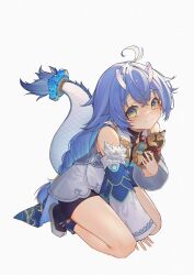 Rule 34 | 1girl, bailu (honkai: star rail), bare shoulders, braid, cup, dragon girl, dragon tail, highres, holding, holding cup, honkai: star rail, honkai (series), kneeling, pointy ears, skirt, sleeves past wrists, smile, tail, white background