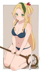 Rule 34 | 1girl, bare shoulders, bikini, blonde hair, blue bikini, blush, bow, braid, breasts, dungeon meshi, elf, green eyes, hair bow, hair ornament, highres, holding, holding staff, long hair, looking at viewer, marcille donato, medium breasts, navel, pointy ears, simple background, sitting, solo, staff, surippa1010, swimsuit, twin braids, wariza
