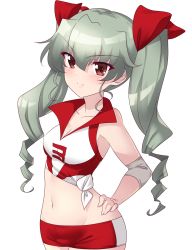 Rule 34 | 1girl, anchovy (girls und panzer), blush, breasts, brown eyes, cameltoe, cleavage, closed mouth, collarbone, girls und panzer, green hair, gym shorts, hair ribbon, hands on own hips, highres, kuzuryuu kennosuke, long hair, looking at viewer, midriff, navel, one-hour drawing challenge, red shorts, ribbon, shorts, simple background, small breasts, smile, solo, sportswear, twintails, volleyball uniform, white background