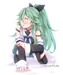 Rule 34 | 1girl, all fours, baileys (tranquillity650), black ribbon, black skirt, black thighhighs, blue eyes, blue neckerchief, blue ribbon, blush, breasts, collarbone, commentary, detached sleeves, green hair, hair between eyes, hair ornament, hair ribbon, hairclip, highres, kantai collection, long hair, looking away, neckerchief, open mouth, parted bangs, pleated skirt, ponytail, ribbon, school uniform, serafuku, sidelocks, signature, skirt, solo, thighhighs, twitter username, yamakaze (kancolle), zettai ryouiki