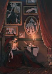 Rule 34 | 1boy, animal ears, arknights, black bow, black bowtie, black cape, black footwear, black hair, black pants, black socks, bouquet, bow, bowtie, buttons, candelabra, candle, candlelight, candlestand, cape, carpet, chair, closed eyes, curtains, diamond button, double-parted bangs, ebenholz (arknights), ebenholz (eine variation) (arknights), epaulettes, flower, fringe trim, full body, goat boy, goat ears, goat horns, hair between eyes, hair ribbon, highres, holding, holding wand, horns, indoors, ink bottle, kreide (arknights), loafers, long hair, long sleeves, low ponytail, male focus, moomsaw, no mouth, pants, picture frame, portrait (object), quill, red flower, red ribbon, red rose, ribbon, rose, shirt, shoes, sitting, socks, solo, table, two-sided cape, two-sided fabric, vase, very long hair, wand, white flower, white shirt