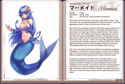 Rule 34 | 1girl, blue hair, blush, bracelet, breasts, character profile, cleavage, detached sleeves, english text, fins, fish, hair ornament, hard-translated, head fins, head tilt, jewelry, kenkou cross, long hair, looking at viewer, mermaid, mermaid (monster girl encyclopedia), midriff, monster girl, monster girl encyclopedia, navel, official art, purple eyes, scales, seashell, shell, shell bikini, simple background, smile, solo, star (symbol), star hair ornament, starfish, third-party edit, translated, watermark, web address, white background