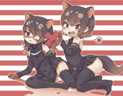 Rule 34 | 2girls, apron, australian devil (kemono friends), bare shoulders, black apron, black hair, black legwear, black neckwear, black shirt, black skirt, bow, bowtie, brown eyes, brown gloves, commentary request, detached sleeves, extra ears, eyepatch, fangs, gloves, highres, kemono friends, kolshica, medical eyepatch, multicolored hair, multiple girls, no shoes, open mouth, pleated skirt, shirt, short hair, skirt, spoken x, tasmanian devil (kemono friends), tasmanian devil ears, tasmanian devil tail, thighhighs, white hair, zettai ryouiki