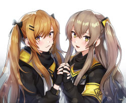 Rule 34 | 2girls, blush, brown eyes, brown hair, commentary request, fingerless gloves, girls&#039; frontline, gloves, hair between eyes, hair ornament, hairclip, highres, jacket, long hair, looking at viewer, multiple girls, noixen, one side up, open mouth, ribbon, scar, scar across eye, scar on face, shirt, simple background, smile, twintails, ump45 (girls&#039; frontline), ump9 (girls&#039; frontline), white background, yellow eyes