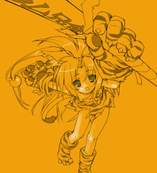 Rule 34 | 1girl, animal ears, animal hands, arm up, boomerang, boots, cham cham, foreshortening, gloves, green eyes, holding, holding sword, holding weapon, looking at viewer, monochrome, paw gloves, paw shoes, samurai spirits, shoes, solo, spot color, standing, sword, weapon, yellow theme