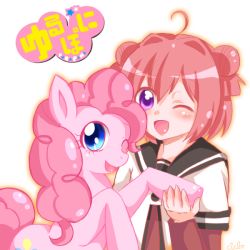 Rule 34 | 2girls, ahoge, akaza akari, blue eyes, blush, charmyamber, commentary request, copyright name, crossover, double bun, hair bun, holding hands, multiple girls, my little pony, my little pony: friendship is magic, one eye closed, open mouth, pink hair, pinkie pie, pony (animal), purple eyes, red hair, sailor collar, sidelocks, simple background, white background, yuru yuri