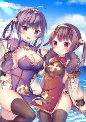 Rule 34 | 2girls, absurdres, ahoge, anchor hair ornament, azur lane, bad id, bad pixiv id, black legwear, black panties, blue sky, breasts, brown eyes, brown hair, china dress, chinese clothes, cleavage, cleavage cutout, clothing cutout, cloud, commentary request, day, dress, fur-trimmed jacket, fur trim, hair ornament, hair rings, hairband, hairpods, hand up, highres, jacket, large breasts, long hair, long sleeves, multiple girls, ning hai (azur lane), ocean, outdoors, panties, ping hai (azur lane), purple dress, purple eyes, red dress, side-tie panties, sky, standing, standing on one leg, thighhighs, tsuruse, twintails, underwear, water, white hairband, white jacket, white panties