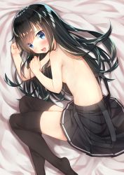 Rule 34 | 10s, 1girl, absurdres, asashio (kancolle), bed, bed sheet, black hair, black skirt, black thighhighs, blue eyes, blush, eyebrows, eyes visible through hair, fetal position, from above, full body, go-1, highres, kantai collection, long hair, looking at viewer, looking to the side, lying, nail polish, on side, open mouth, pink nails, plantar flexion, pleated skirt, skirt, solo, suspender skirt, suspenders, thighhighs, topless, x-ray